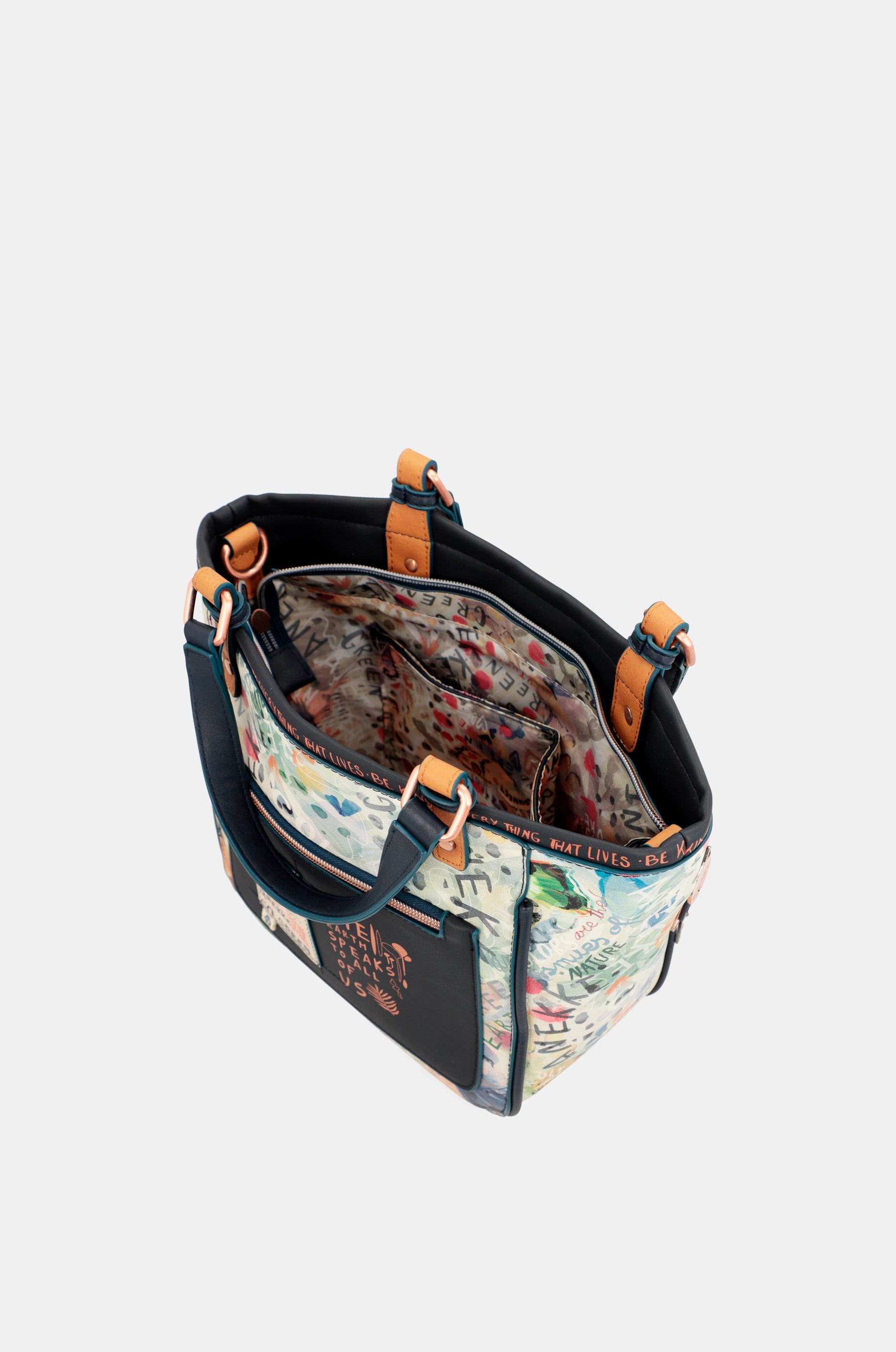 Marineblaue Tragetasche mit Aufdruck „Nature Pachamama“