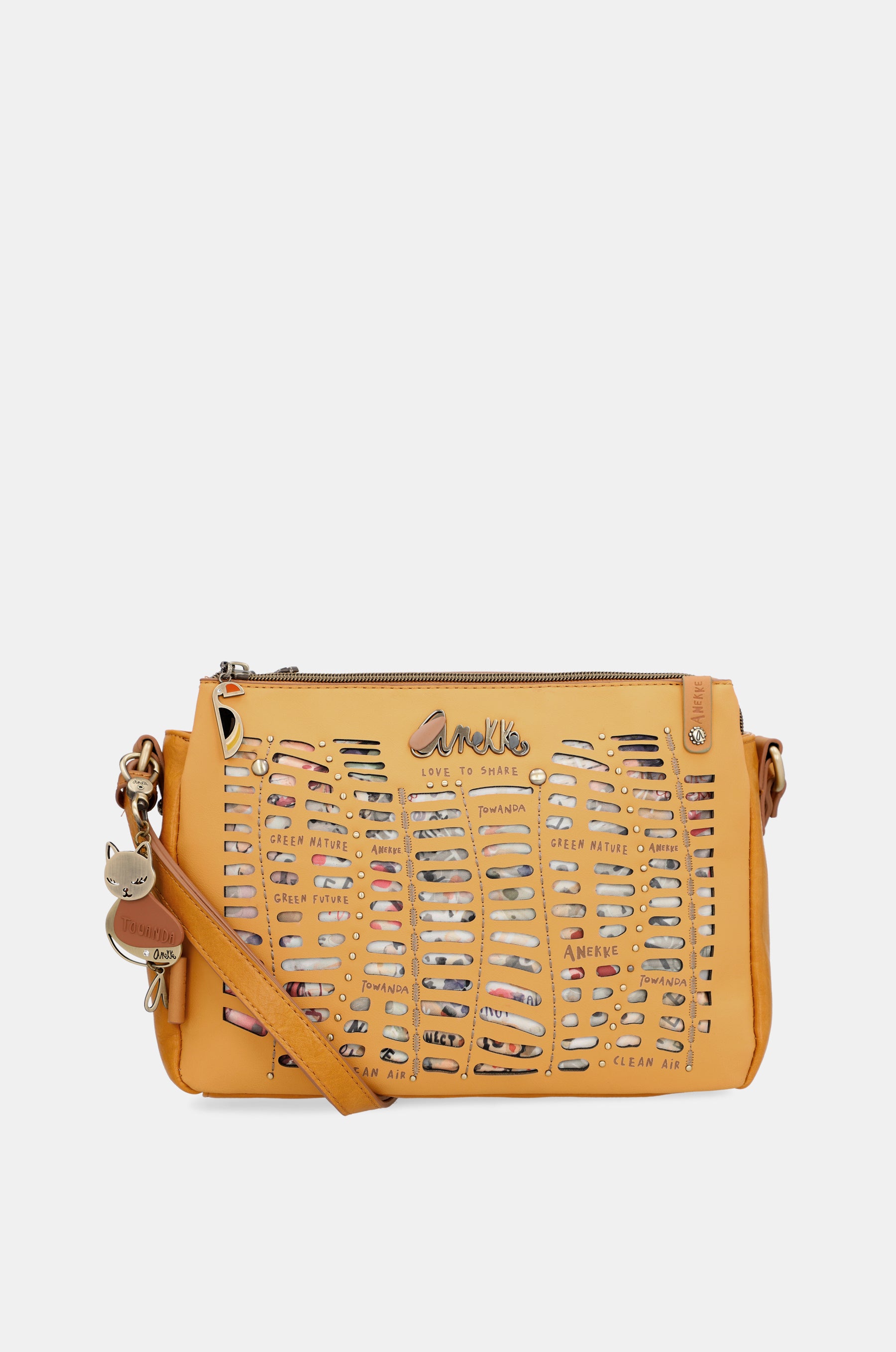 Ockerfarbene Umhängetasche mit 3 Fächern Nature Pachamama