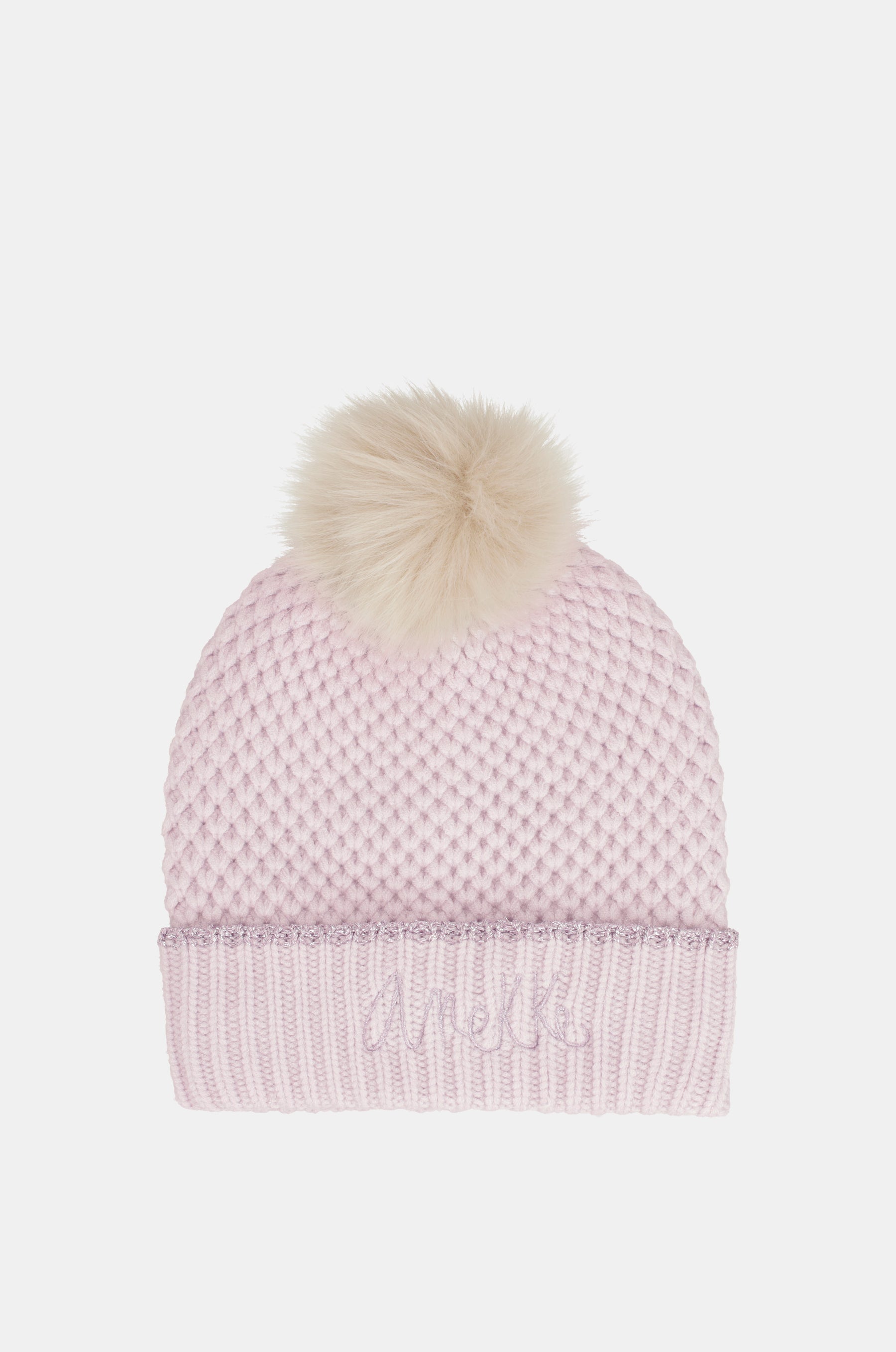 Gestrickte Beanie mit rosa Pompom