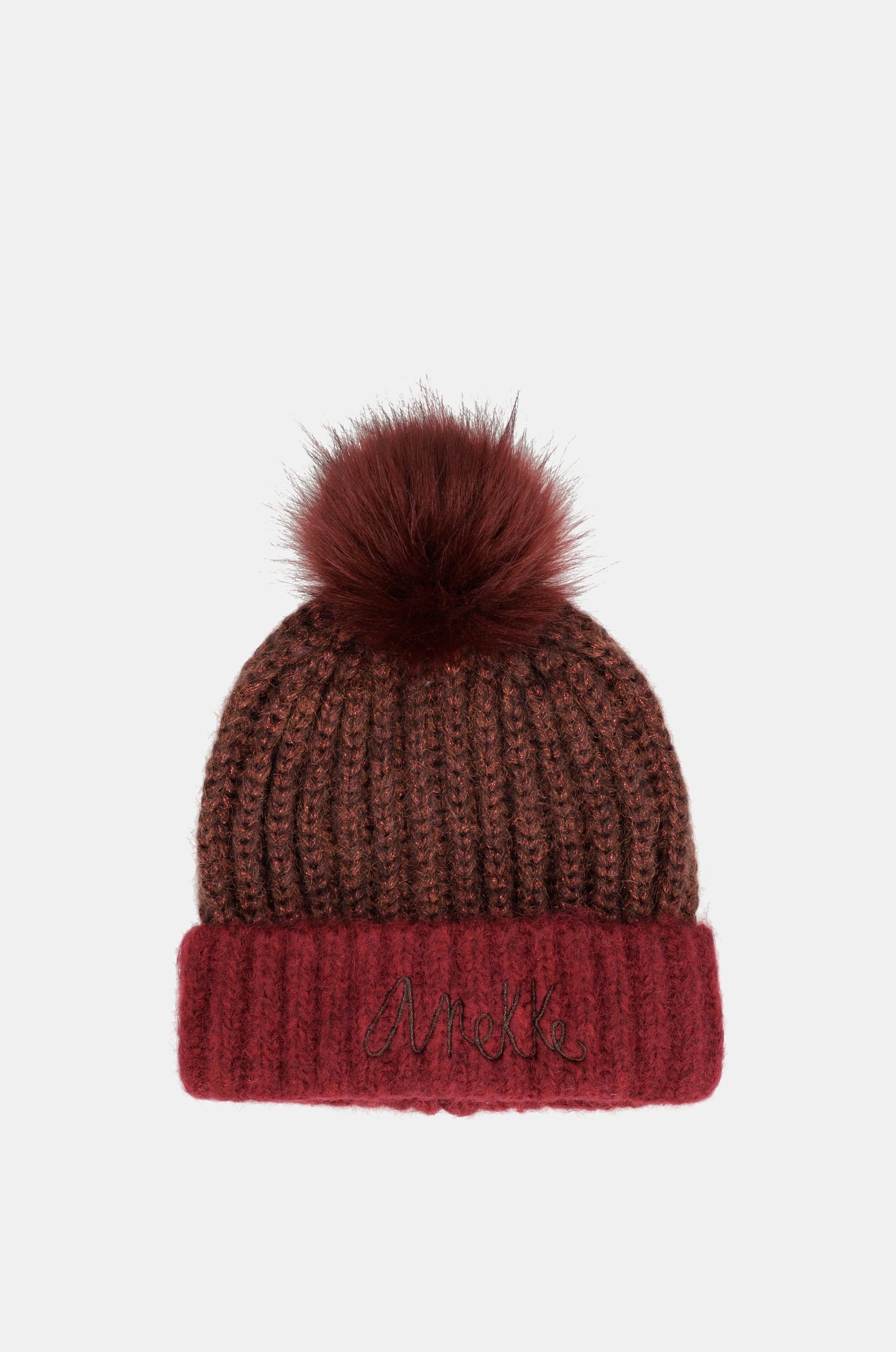 Burgunderrote Strickmütze mit Bommel