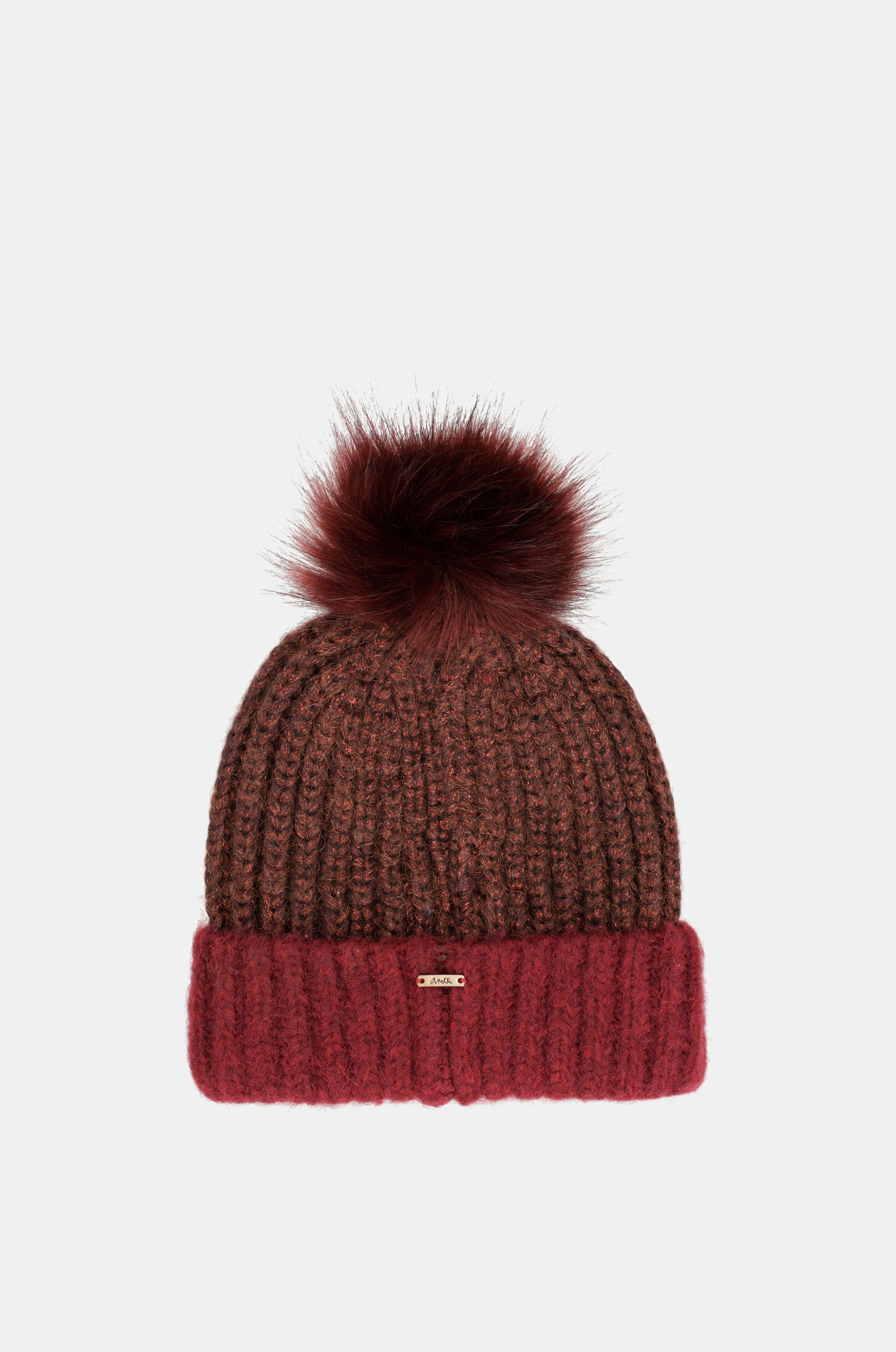 Burgunderrote Strickmütze mit Bommel