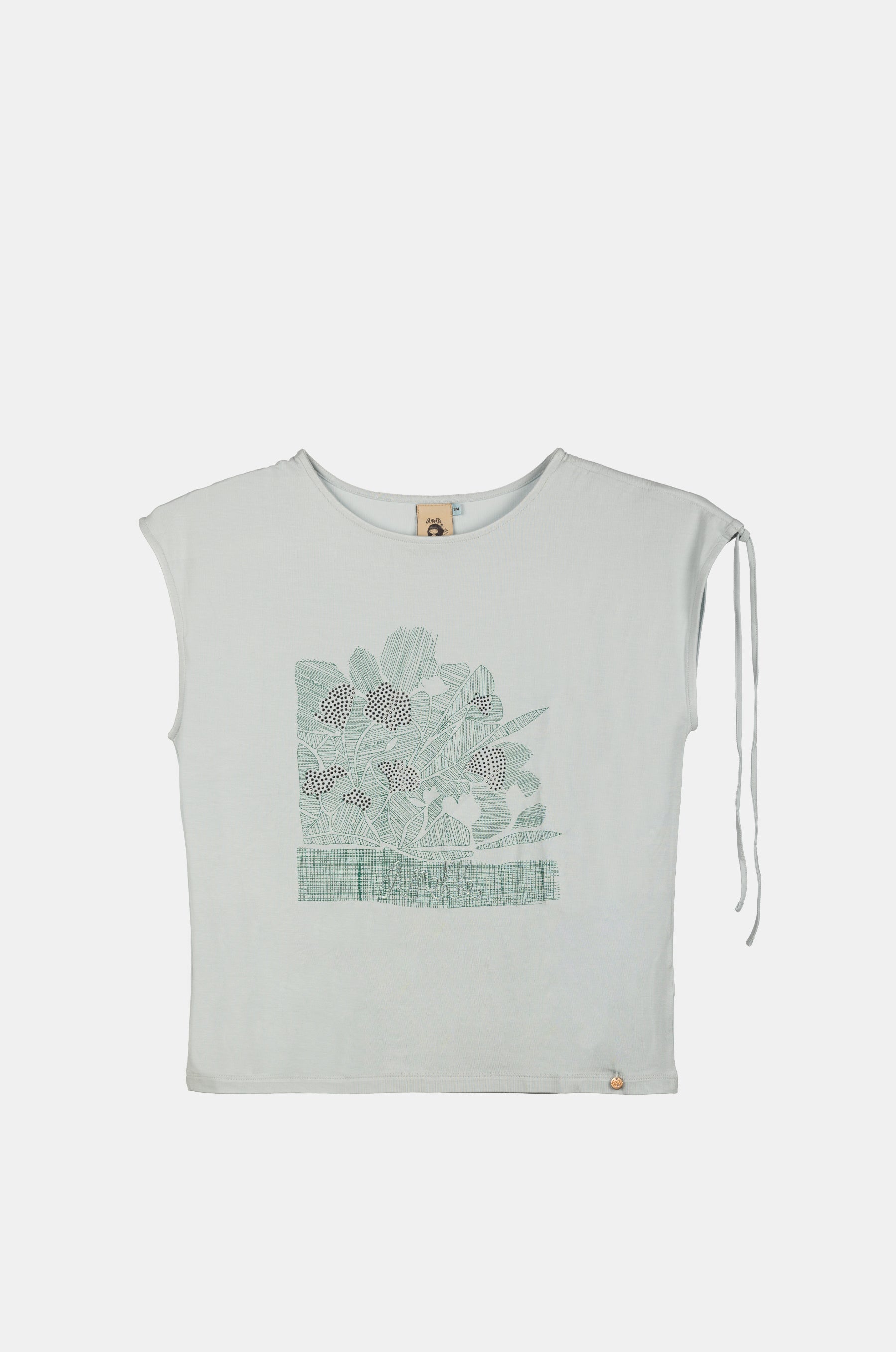Blaues T-Shirt mit Raffung an einer Schulter