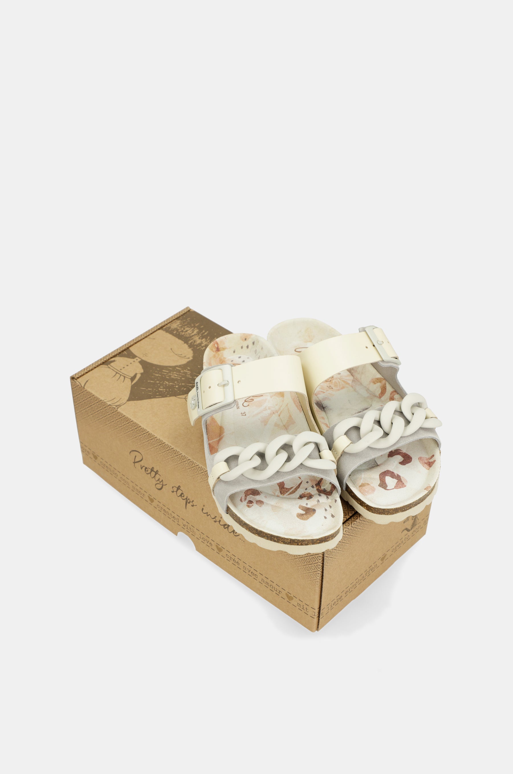 Graue Bio-Sandalen mit Kettendetail