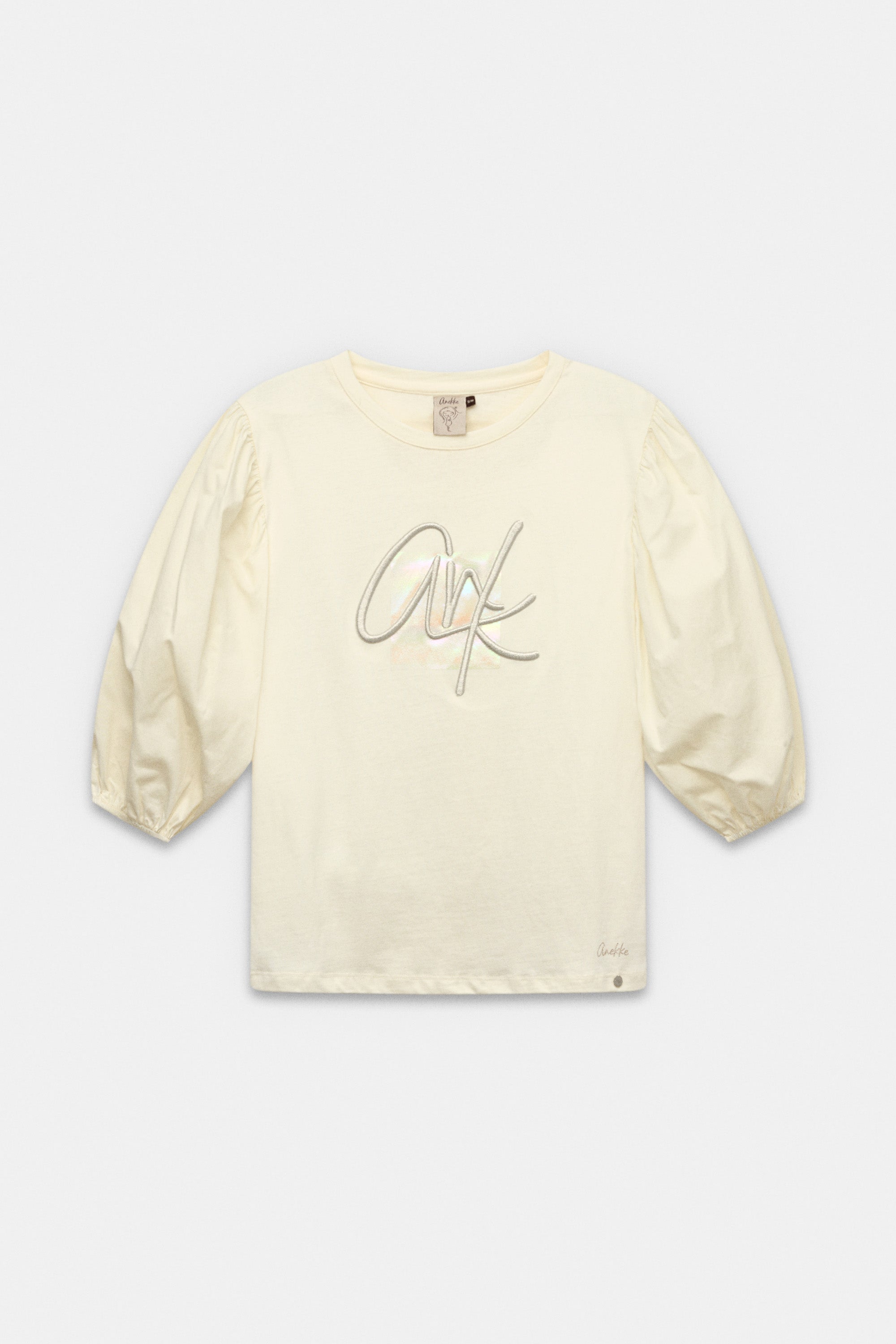 Beiges T-Shirt mit Puffärmeln