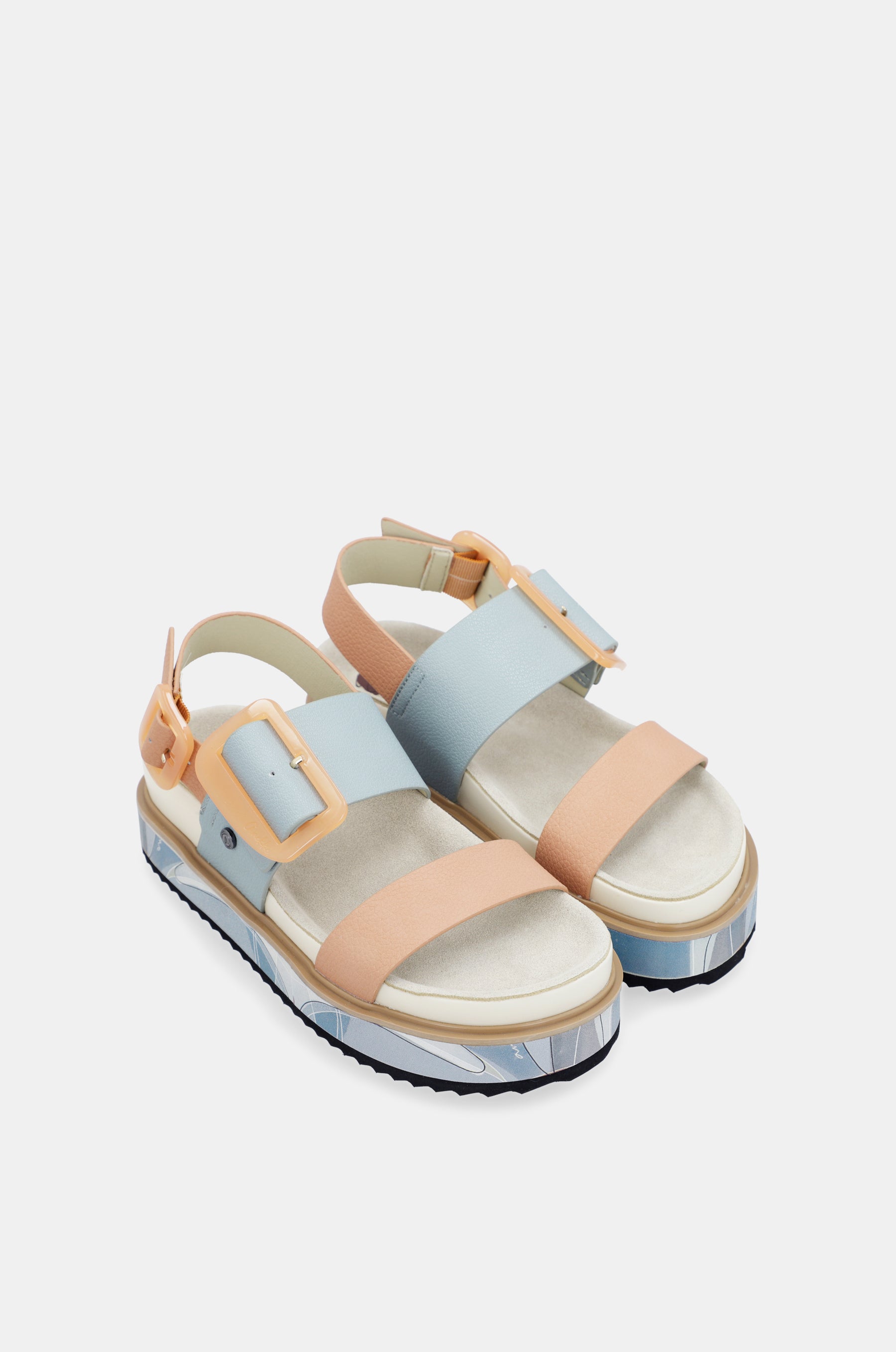 Blau-pinkorange Plateausandalen