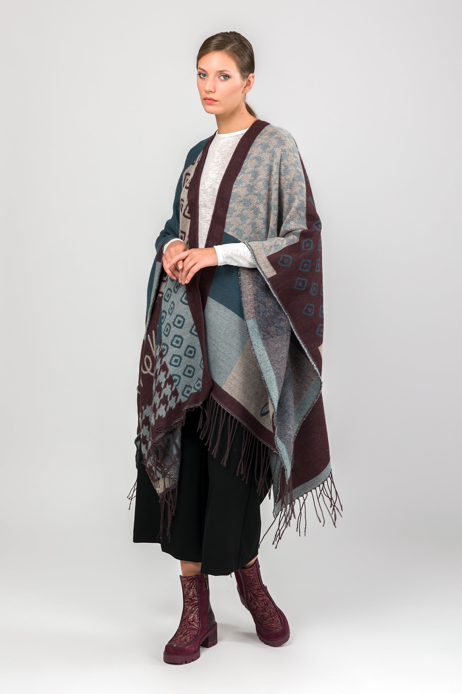 Poncho mit Fransen petrol und beige