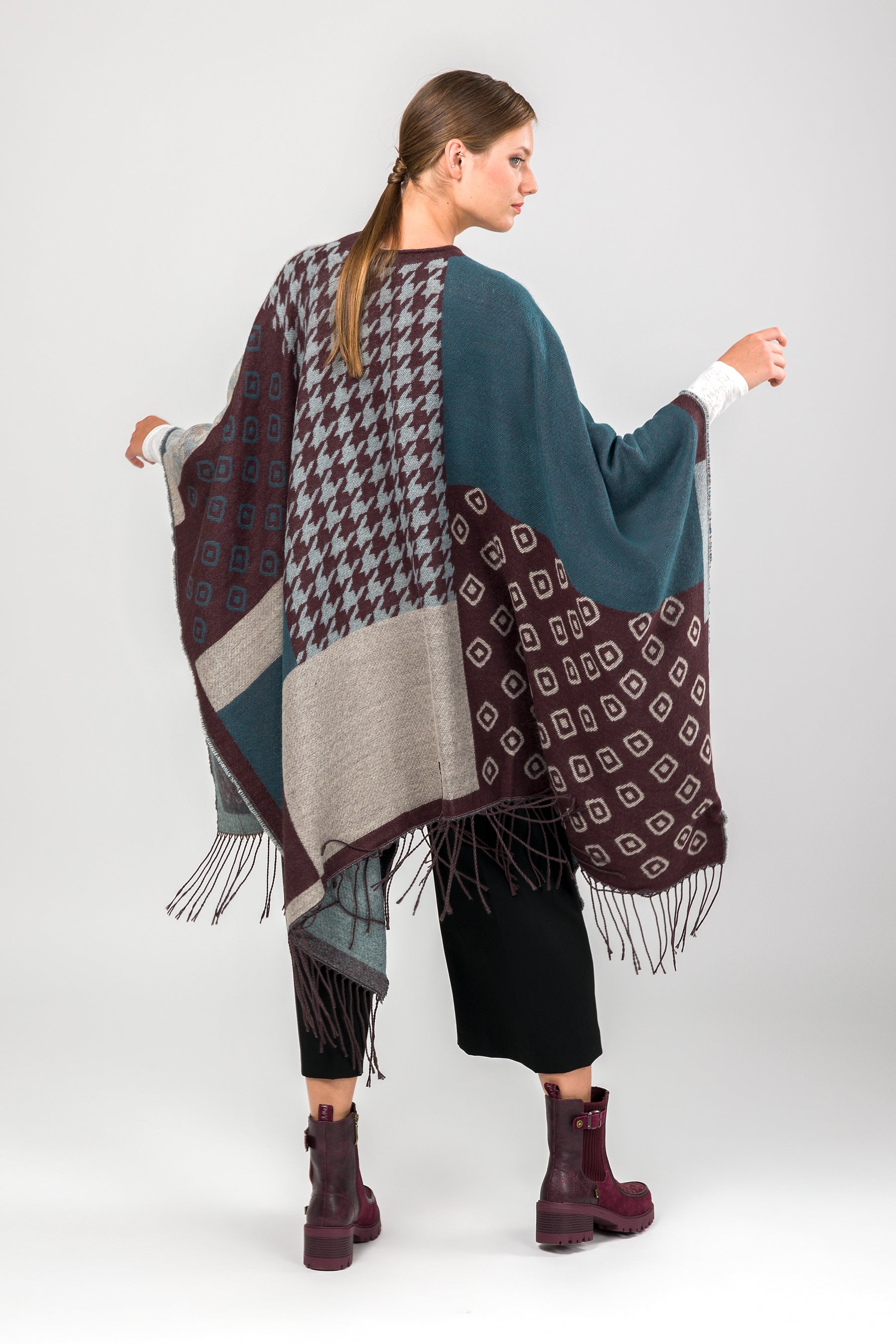 Poncho mit Fransen petrol und beige