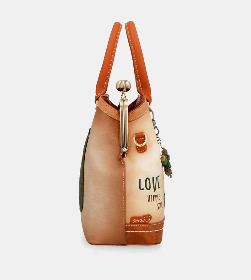 Peace & Love – Kamelfarbene Tasche mit Kussverschluss