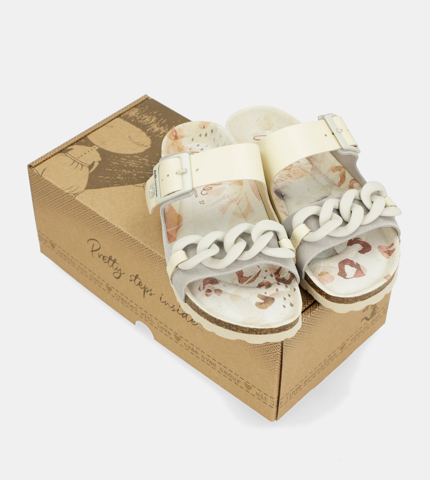 Graue Bio-Sandalen mit Kettendetail