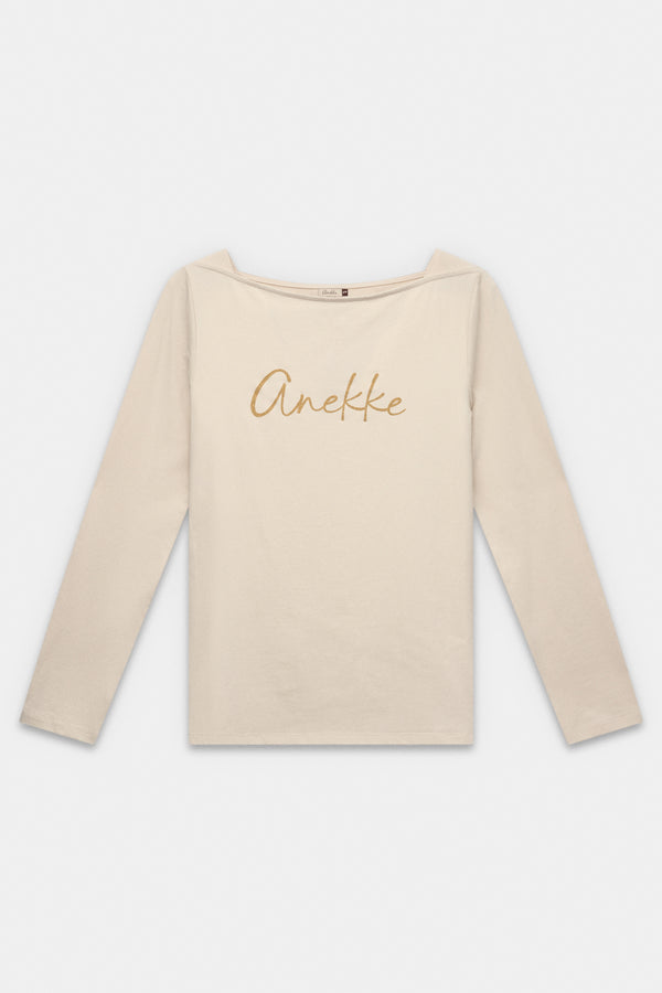 Beiges Langarm-T-Shirt mit Logo