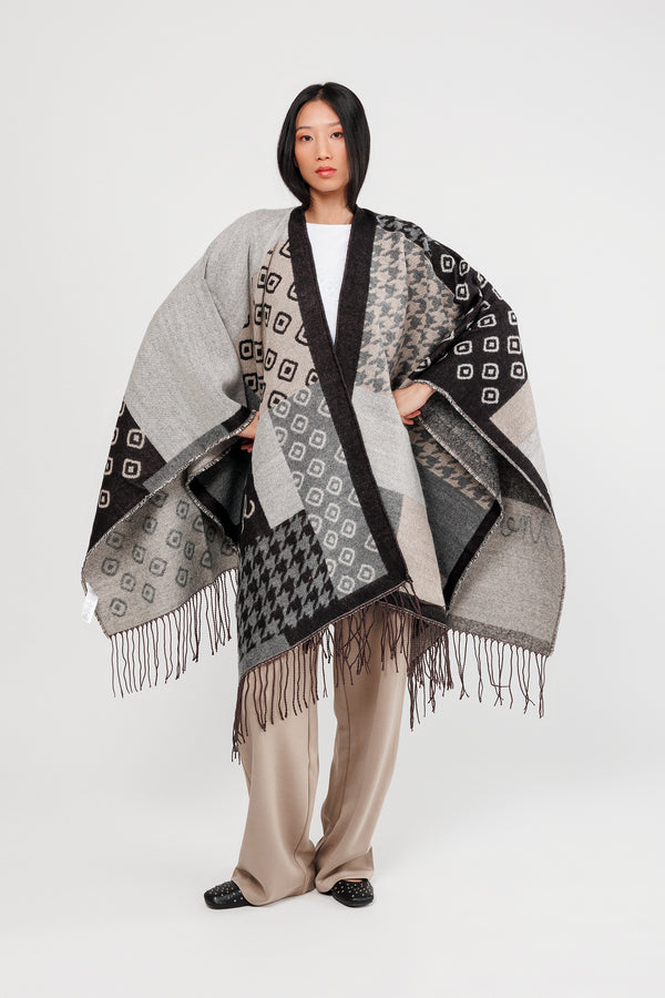 Poncho mit Fransen schwarz und beige
