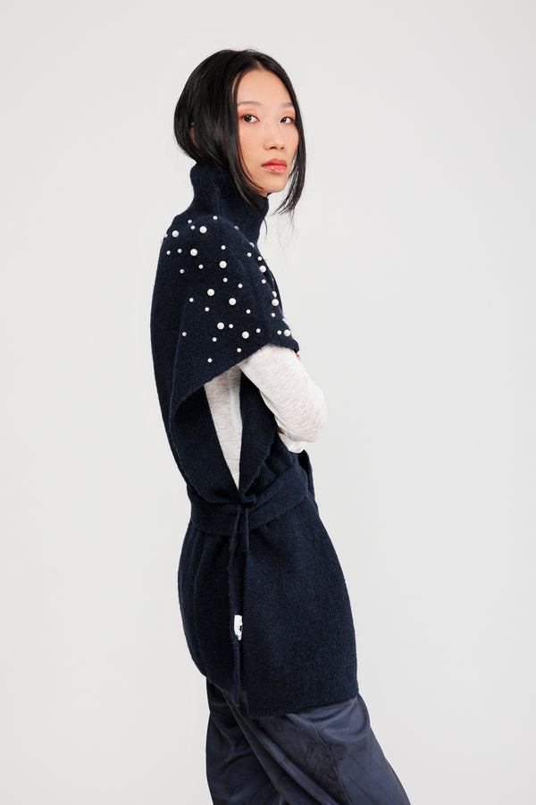 Poncho mit Rollkragen und Gürtel blau