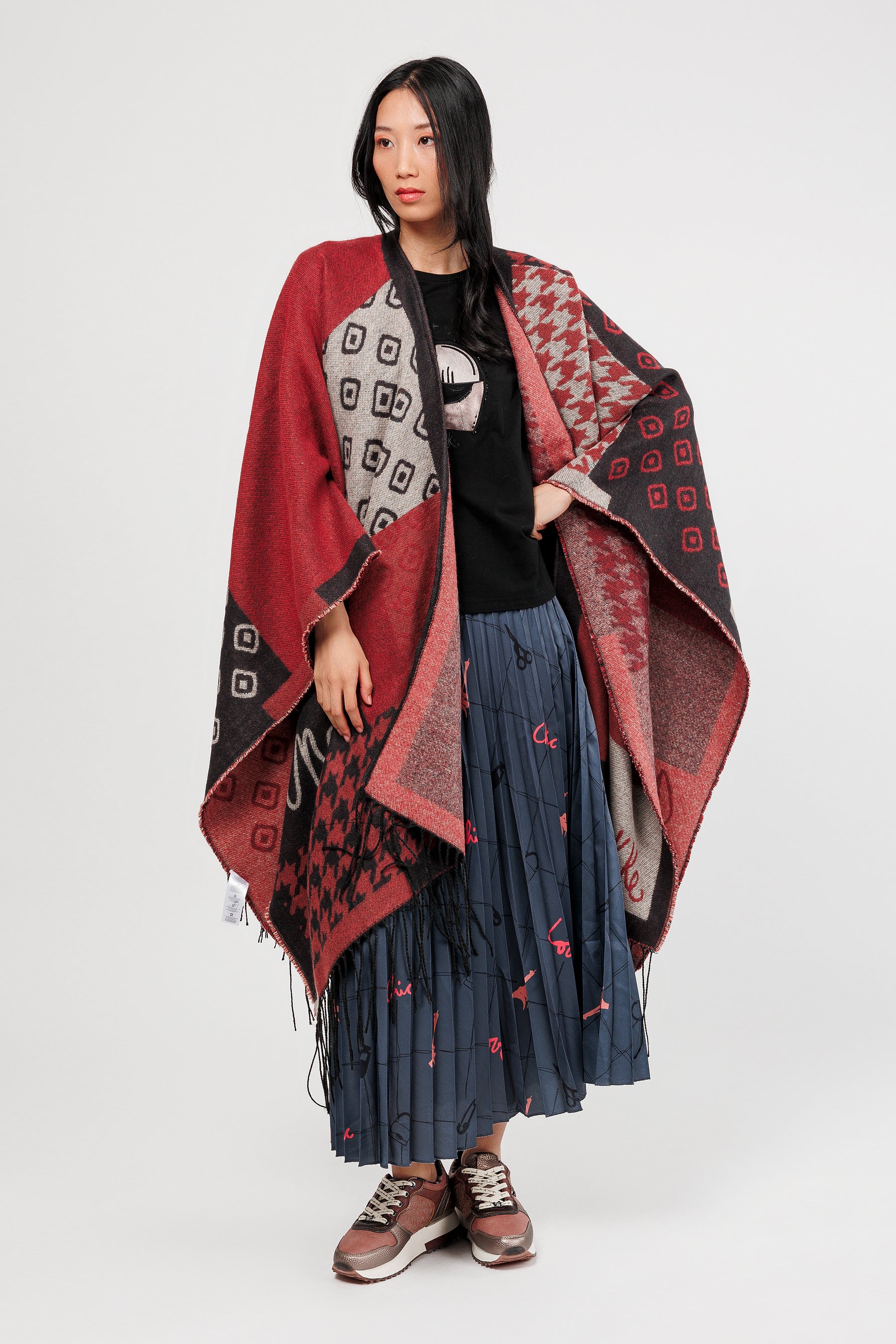 Poncho mit Fransen blau bordeaux und beige