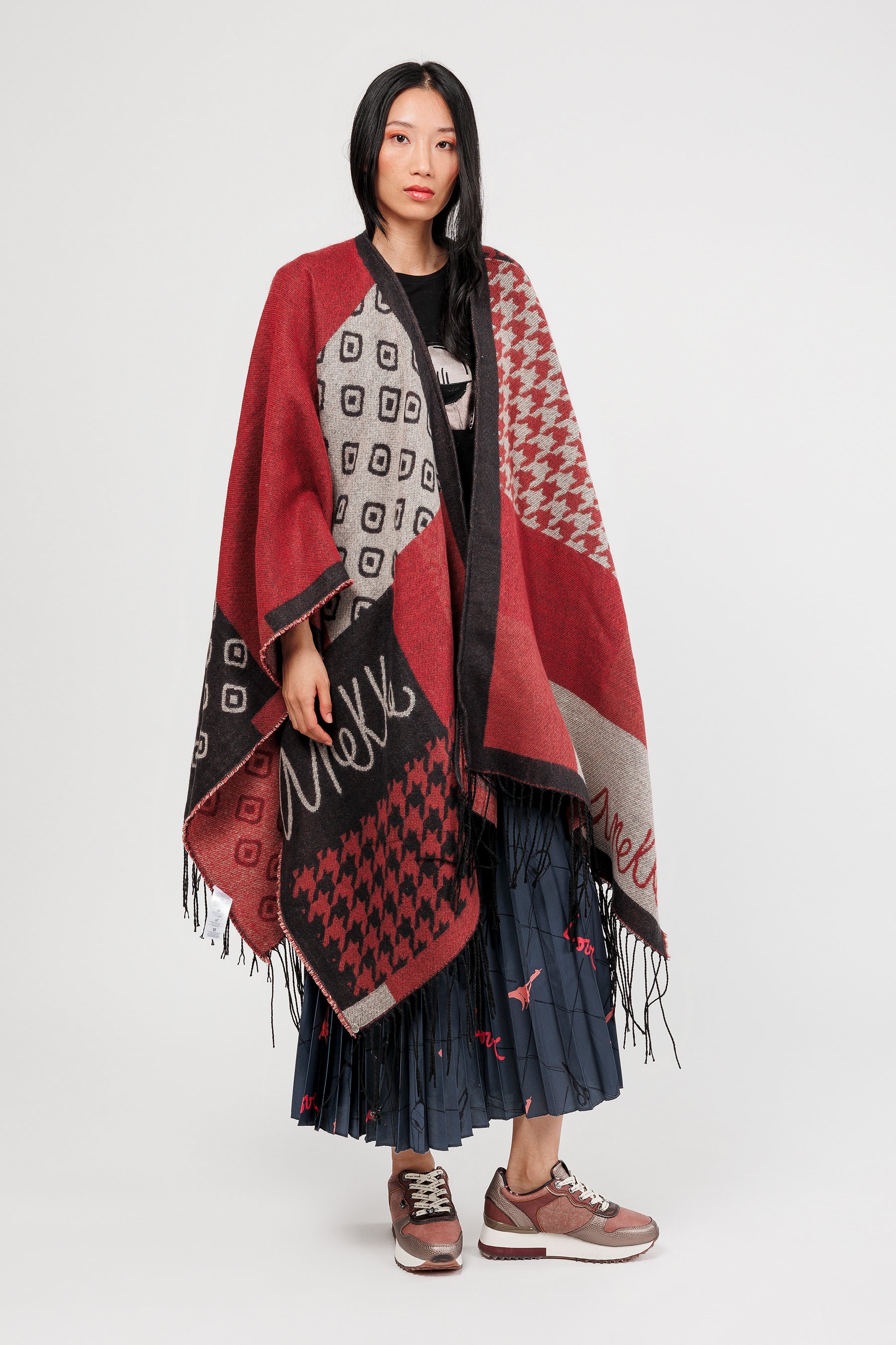 Poncho mit Fransen blau bordeaux und beige