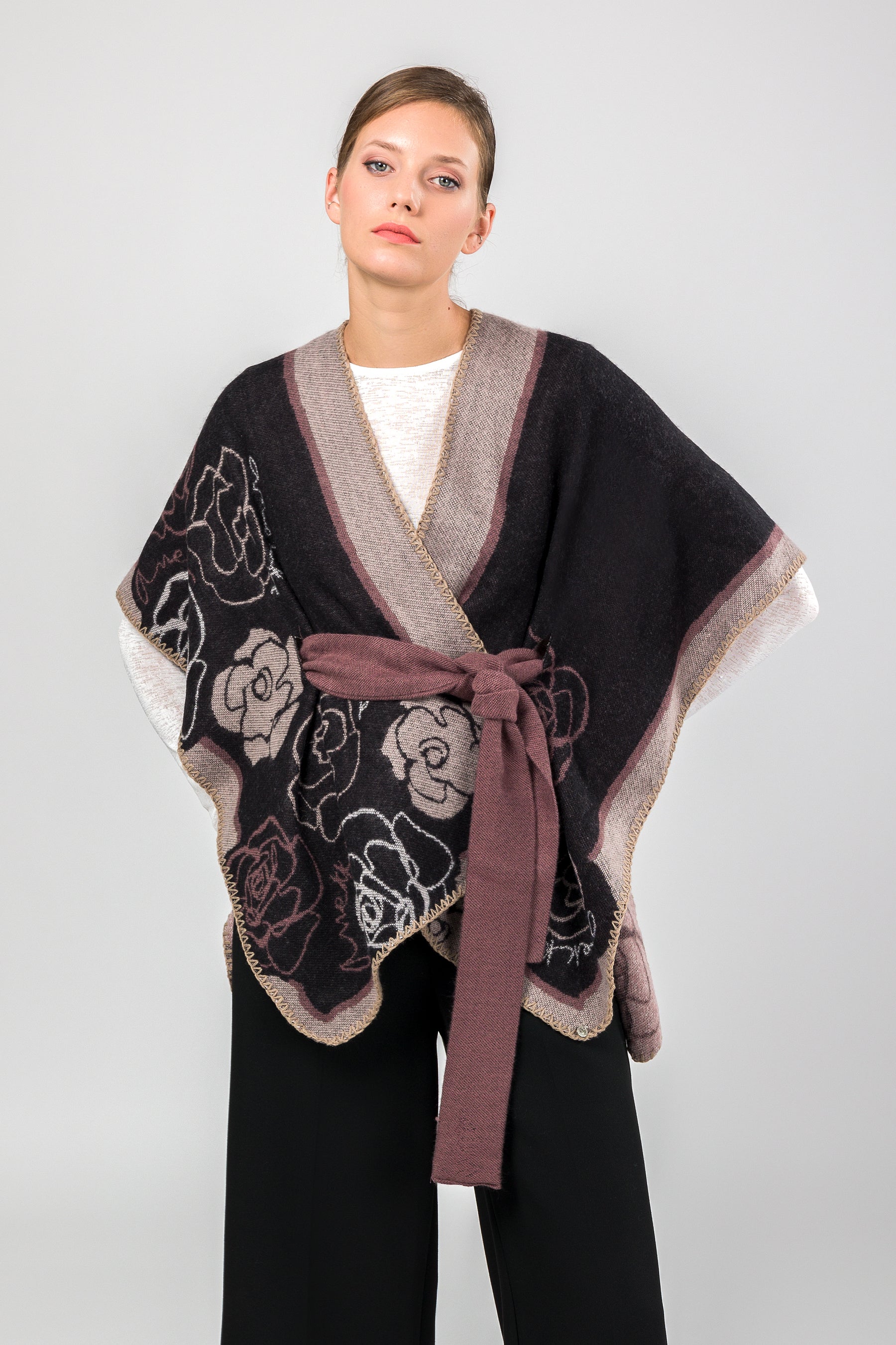 Poncho mit Gürtel rosa und schwarz