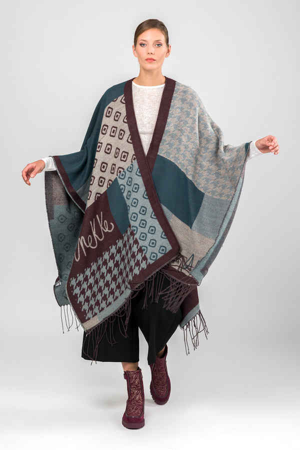 Poncho mit Fransen petrol und beige